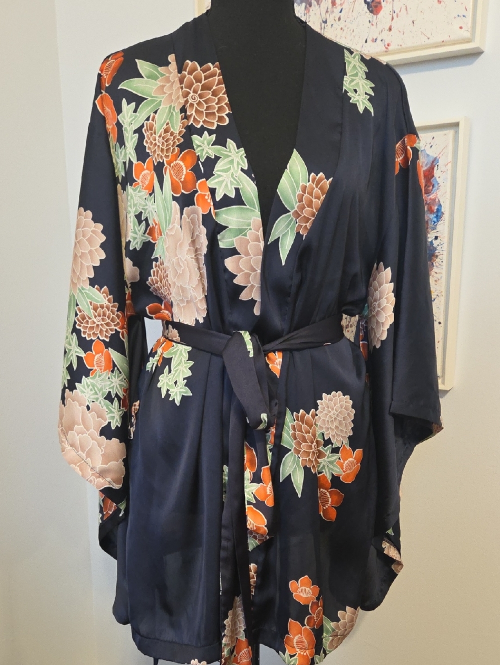 Navy Floral Satin Kimono Robe with Belt